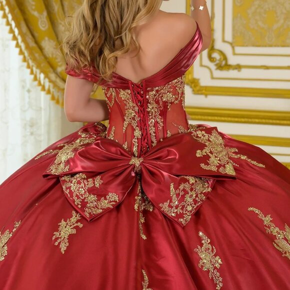 New Burgundy Off Shoulder Quinceanera Satin Dress w/ Pleated Straps GL3791 - Picture 11 of 15